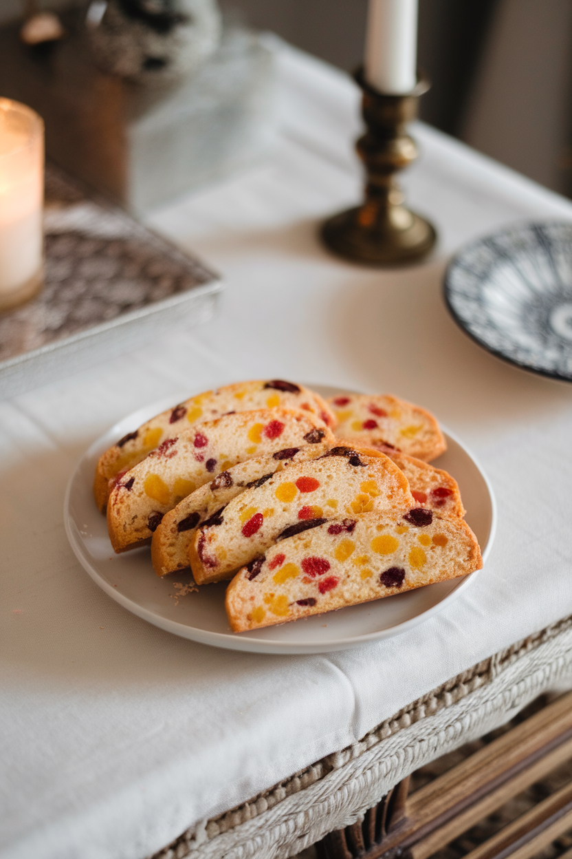 Indoor coffee table featuring slices of fruitcake biscotti dotted with colorful candied fruit; no text or logos. Photo, not illustration.