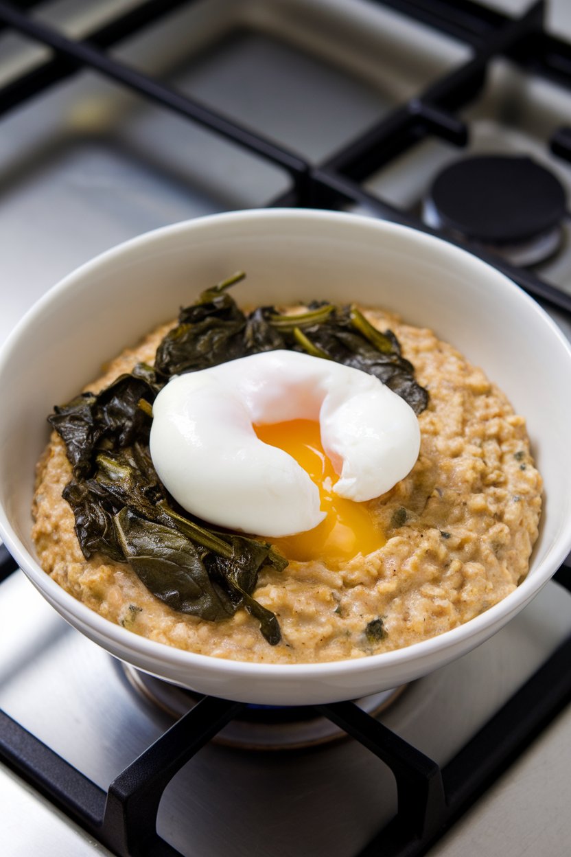 Indoor stovetop setting with a bowl of savory oatmeal crowned by wilted spinach and a soft-poached egg, yolk slightly runny. No text or logos. Photo.