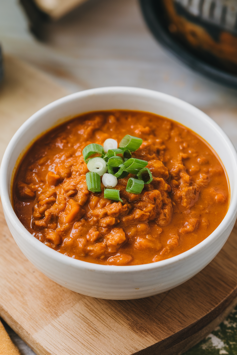 Indoor bowl of thick chili with visible beef, pumpkin puree giving an orange hue, topped with green onions—no text or logos.