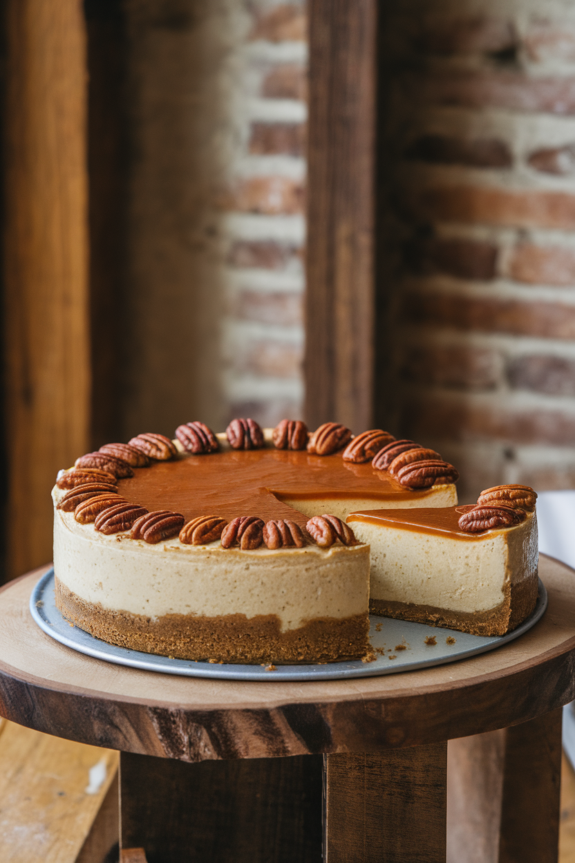 A springform pan indoors with a creamy cheesecake topped with glossy maple pecan layer, slice showing thick crust. No text or logos. Photo.