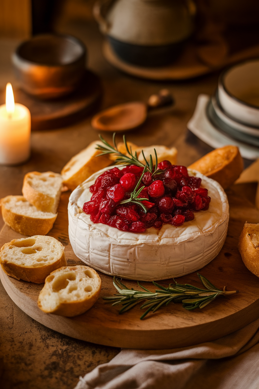 Warm indoor shot of a wooden board with baked Brie topped with cranberry relish, rosemary sprigs, and sliced baguette; no logos or text present.