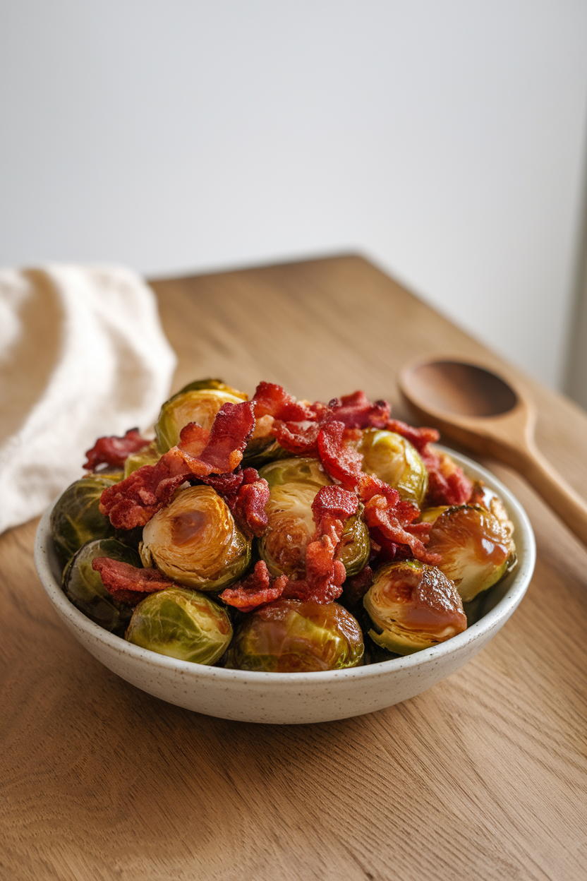 Indoor photo of a bowl of caramelized Brussels sprouts dotted with crisp bacon pieces, no text or logos