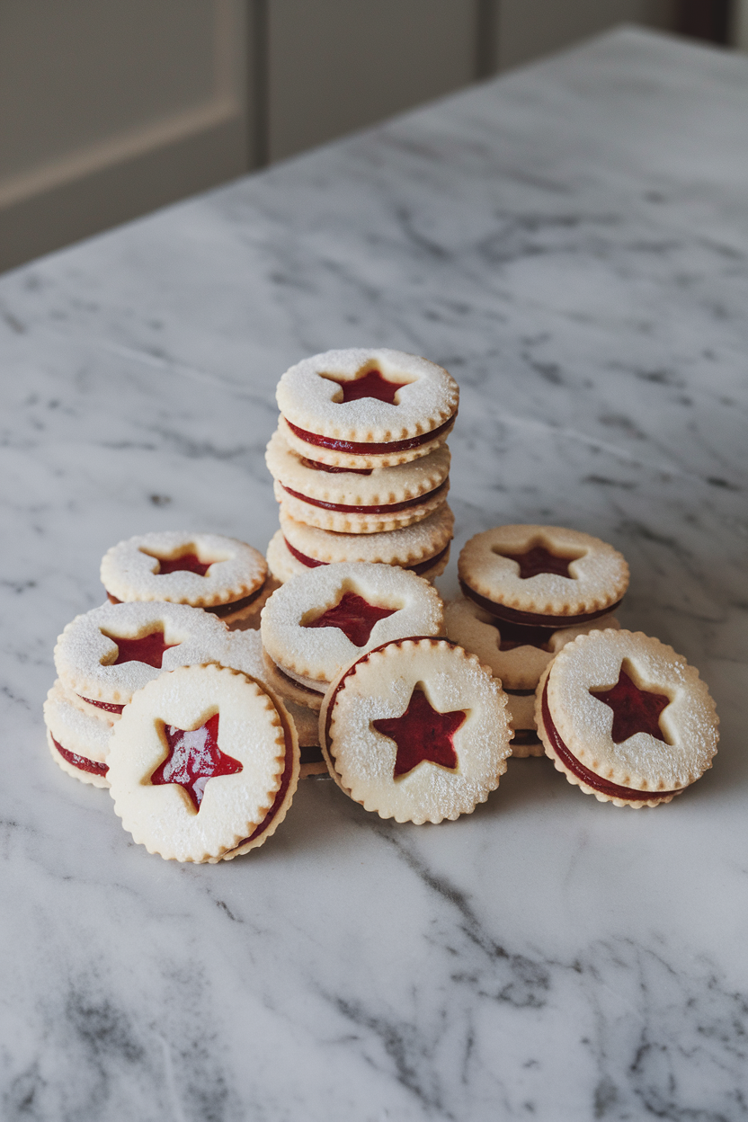 A stack of linzer cookies with star-shaped cutouts showing bright raspberry jam centers, set on an indoor marble counter. No visible text or logos.