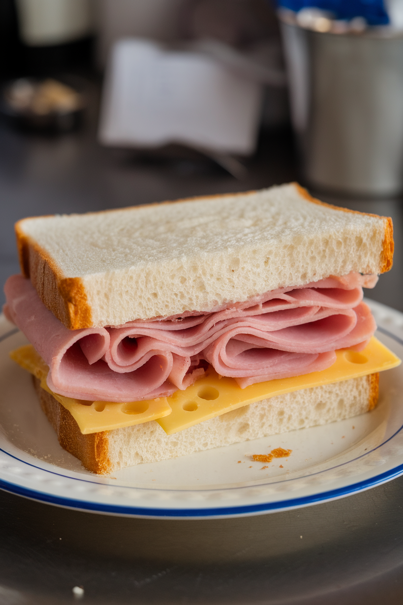 Indoor plate featuring a sandwich with fluffy cloud bread layers, sliced ham, and Swiss cheese. No text or logos. Photo, not illustration.