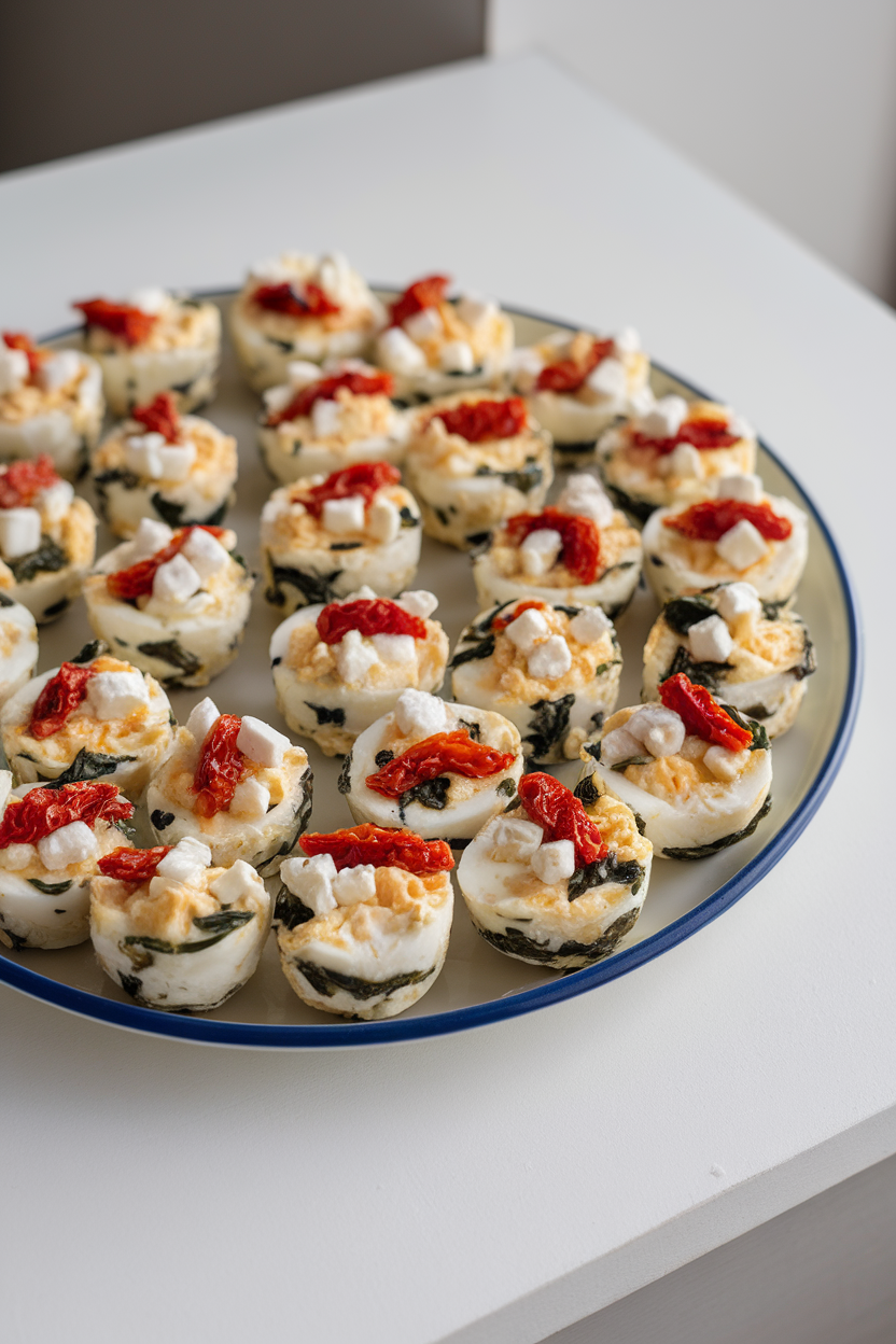 An indoor plate featuring mini egg bites speckled with feta, spinach, and sun-dried tomatoes, arranged neatly; no logos.