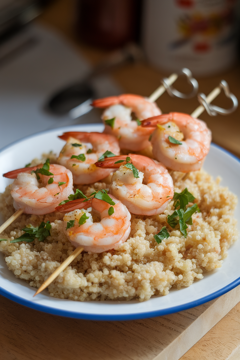An indoor plate displaying cooked shrimp skewers glistening with garlic-lemon marinade, served atop fluffy quinoa garnished with parsley. No text or logos. Photo.