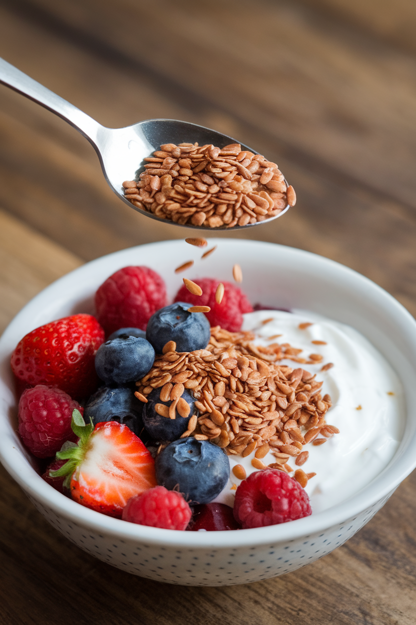 An indoor spoon sprinkling golden flaxseed meal over a bowl of yogurt and fruit, no text or logos.