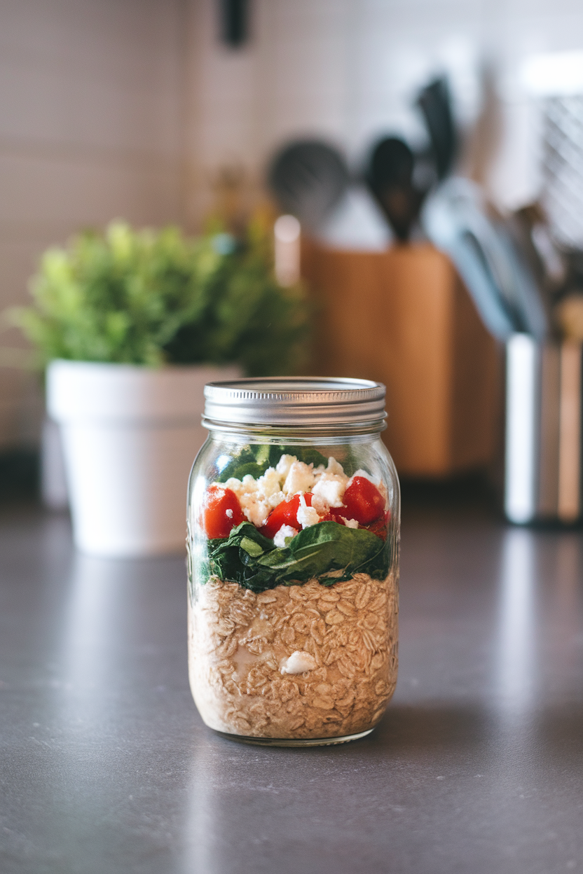 A mason jar on an indoor breakfast bar containing oats mixed with spinach, cherry tomatoes, and feta crumbles; no text or logos.