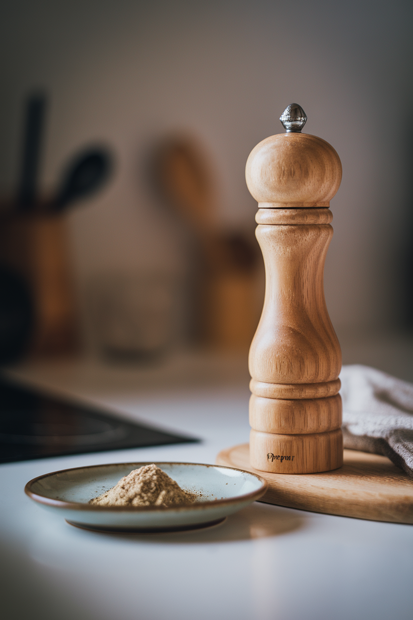 Indoor photo of a wooden pepper mill beside a small mound of freshly cracked pepper on a plate; no text or logos
