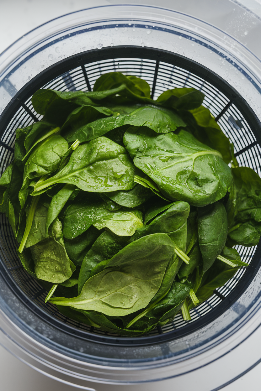 Indoor photo of a salad spinner basket full of freshly washed spinach, droplets visible, no logos.