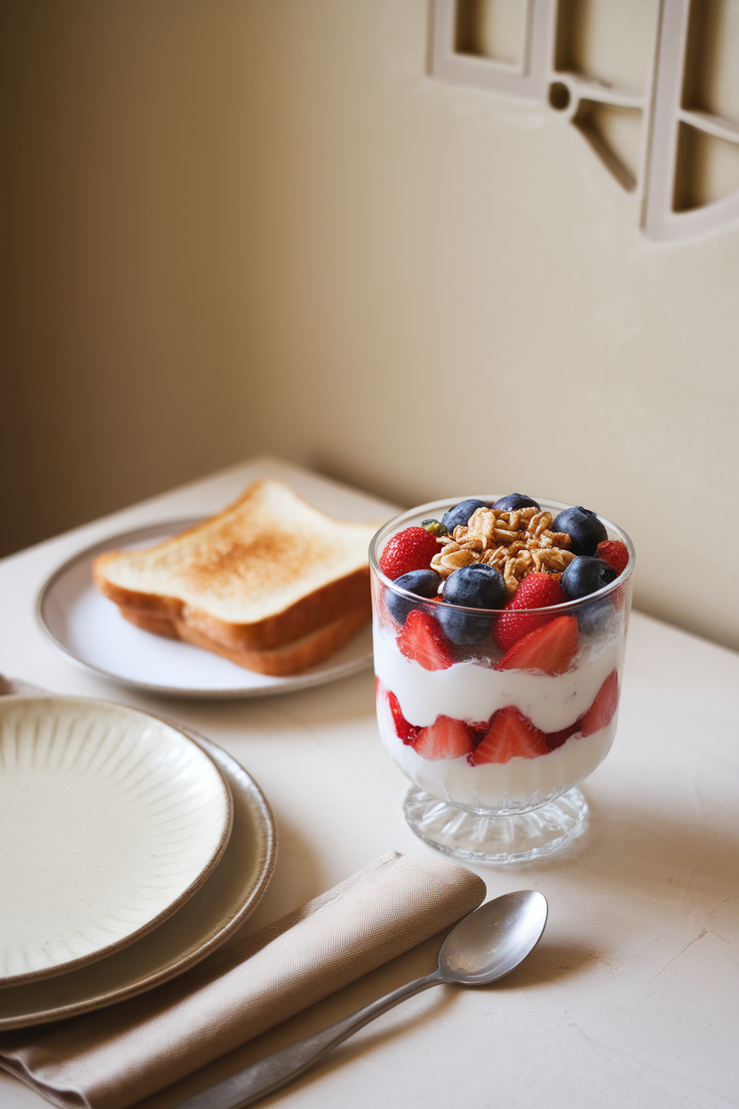 A softly lit indoor breakfast table featuring a clear glass parfait cup layered with thick Greek yogurt, vibrant strawberries and blueberries, and a light sprinkle of granola on top. No text or logos visible; photo, not illustration.