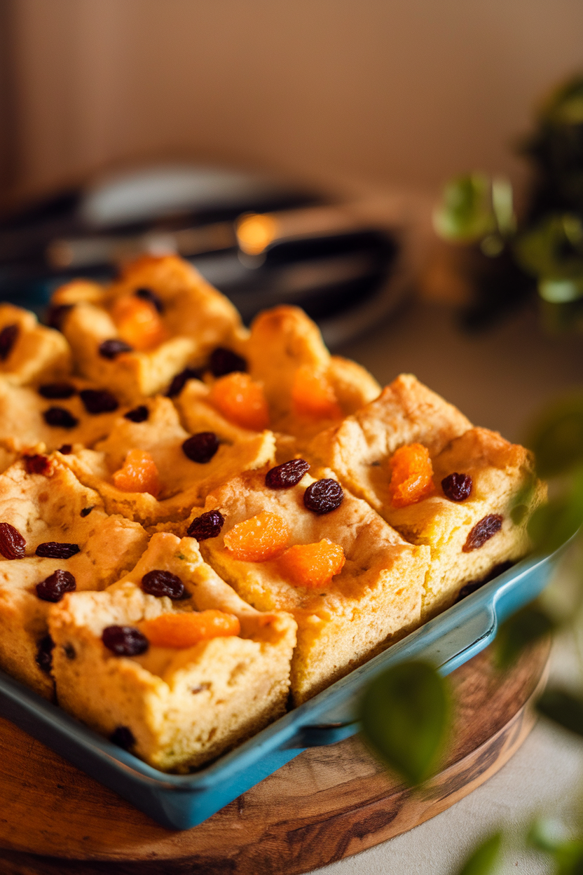 Indoor photo of golden bread pudding squares studded with raisins and candied orange, served in a baking dish; no text or logos
