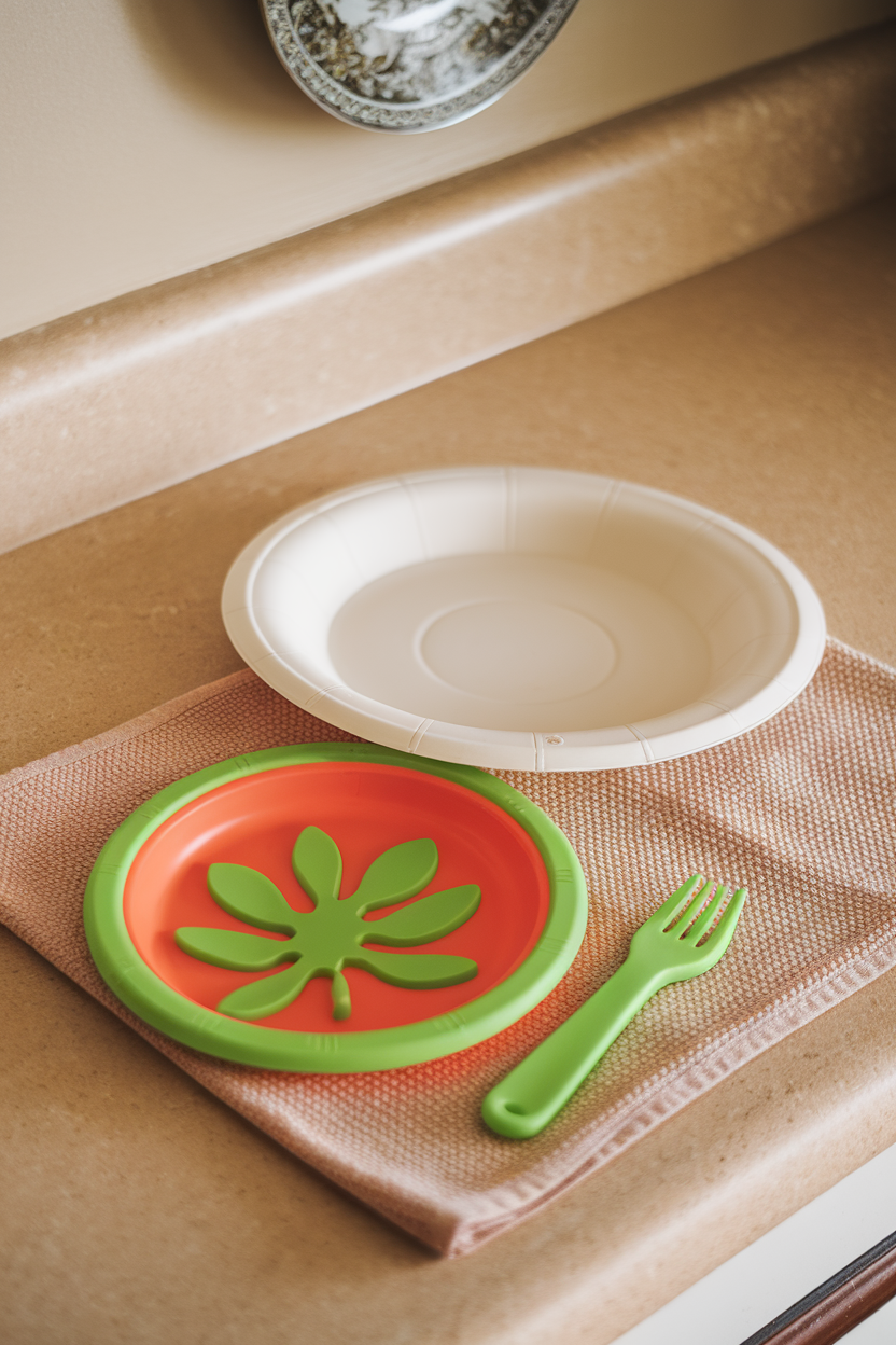 Indoor photo of a colorful plastic kid plate and fork next to an adult plate for size comparison on a kitchen countertop, soft light, no text or logos