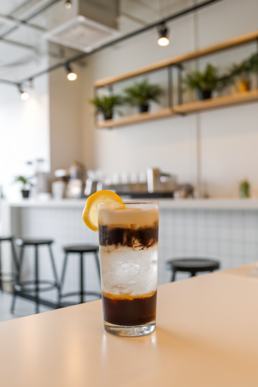Indoor photo of highball glass with stratified espresso tonic mocktail, dark espresso layer on clear tonic, lemon twist; sleek café interior; no text or logos.