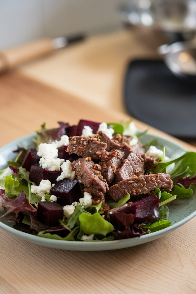 Indoor plate featuring mixed greens, roasted beet cubes, crumbled goat cheese, and seasoned beef strips—no text or logos.