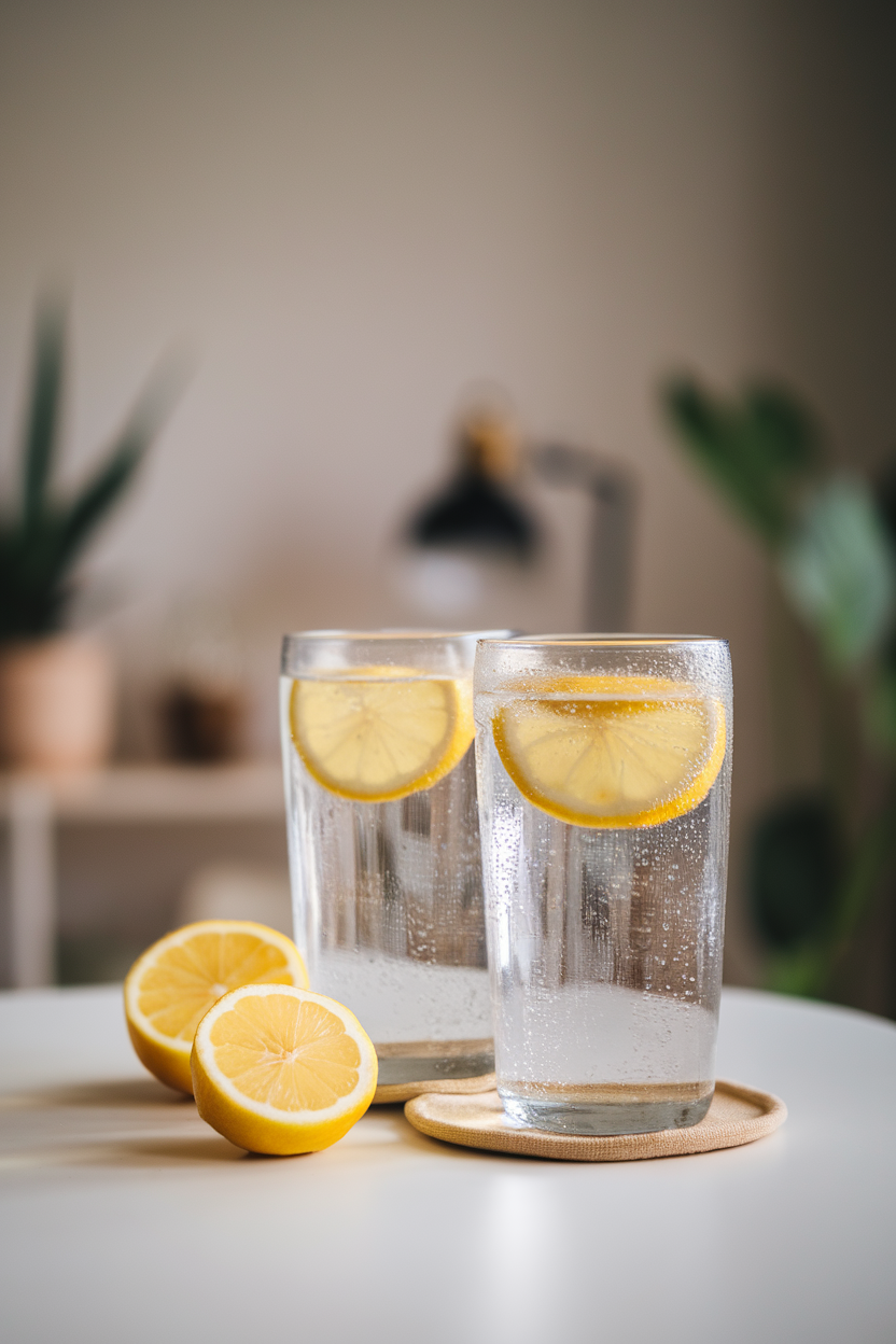 Two condensation-beaded glasses of clear sparkling water with lemon slices on an indoor tabletop, soft diffused lighting, no text or logos, photo.