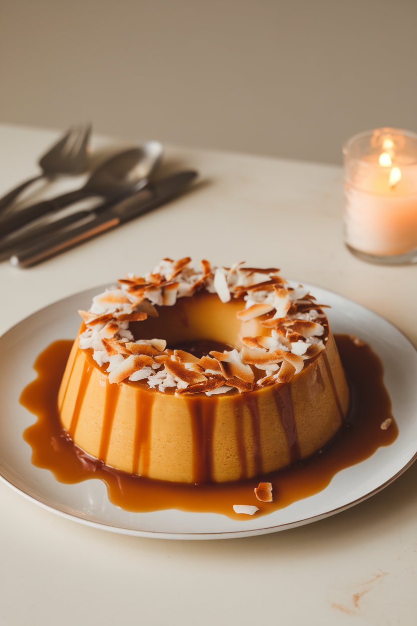 Indoor photo of a flan on a white platter, caramel pooling around edges, topped with toasted coconut flakes, no text or logos