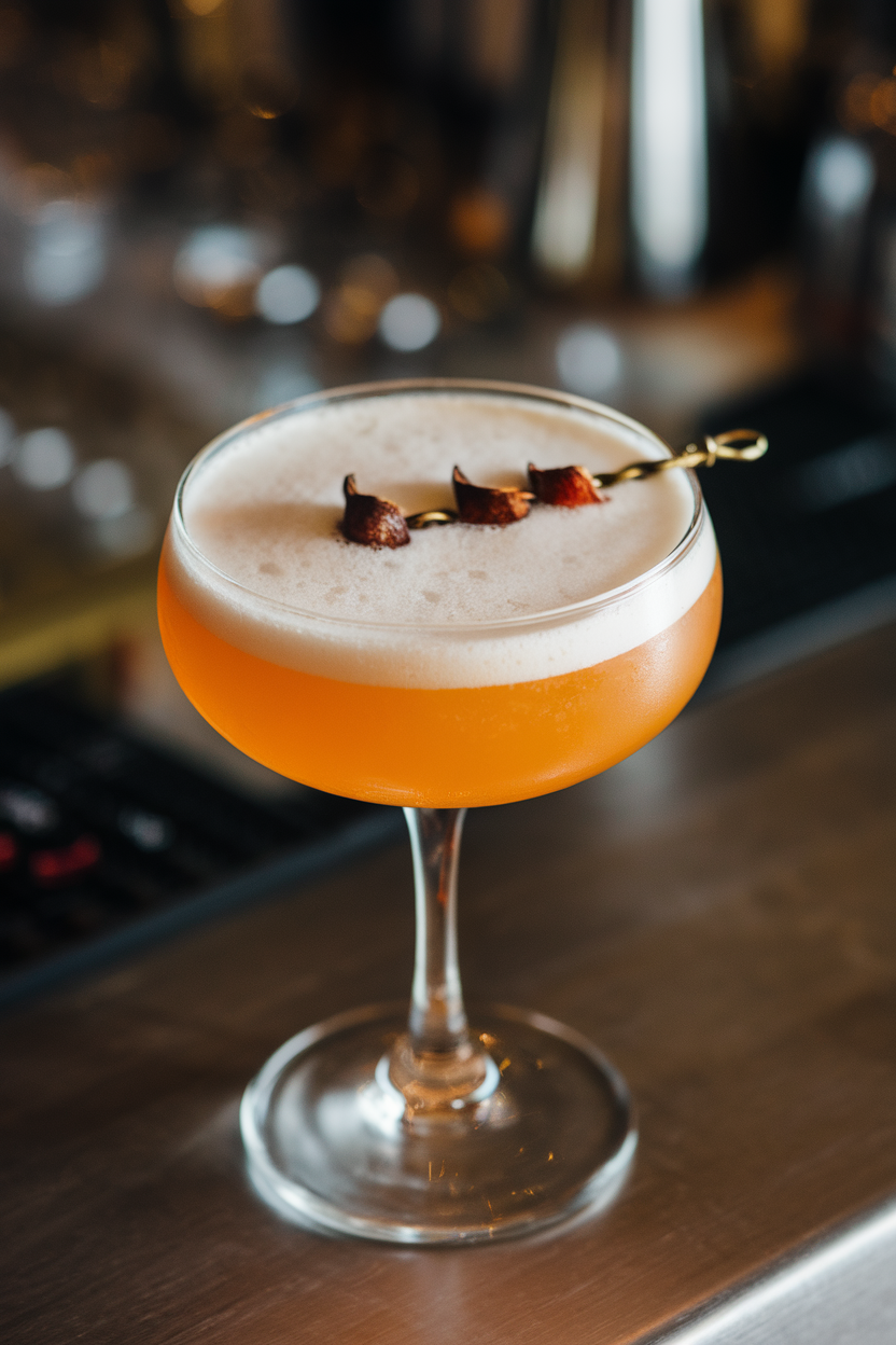 Indoor bar top with a coupe of bright orange persimmon cocktail, frothy top, and three cloves resting on foam. No text or logos; photograph, not illustration.
