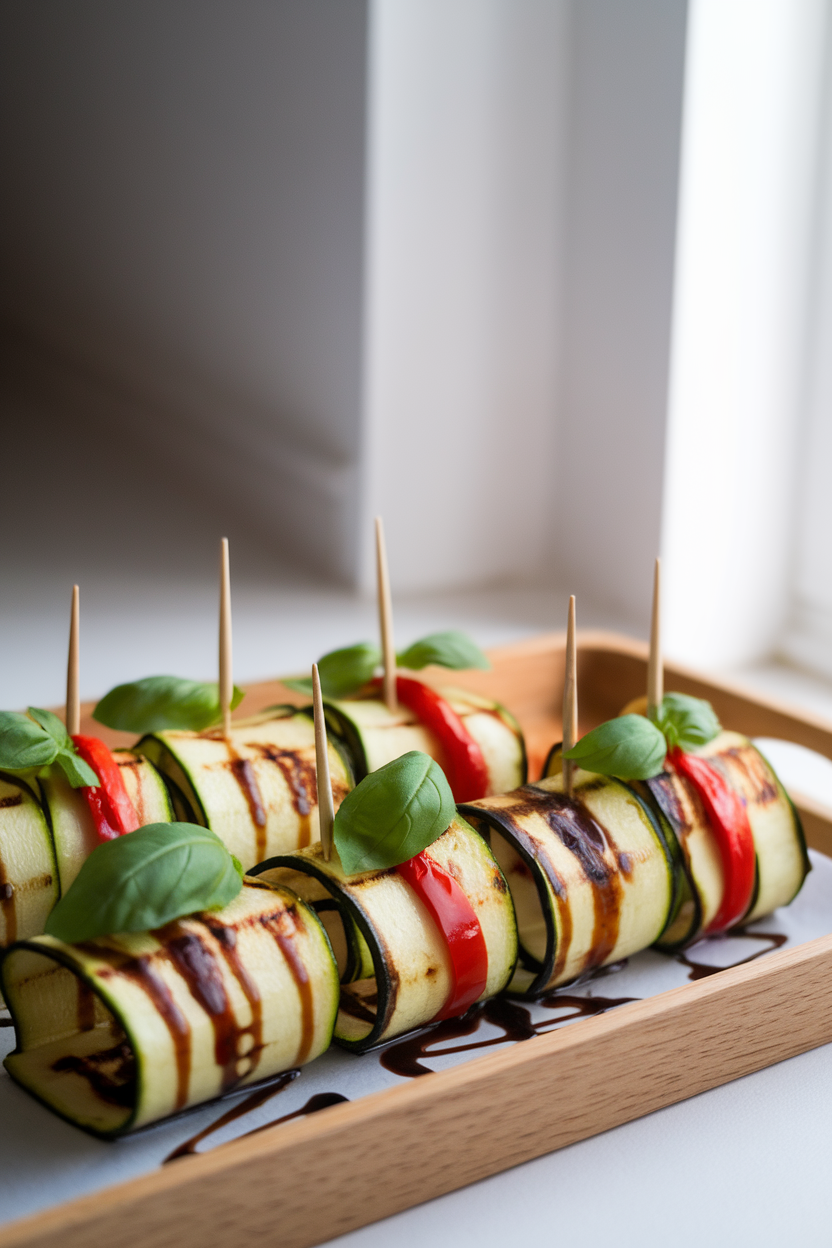 Indoor photo of thin grilled zucchini ribbons wrapped around roasted red pepper strips and basil leaves, secured with toothpicks on a wooden tray. Soft window light, no text or logos.