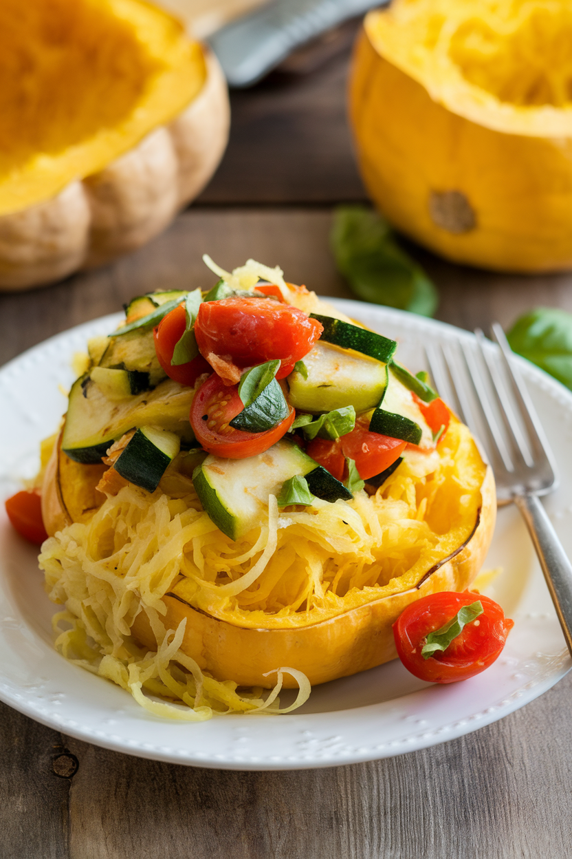 Photo of strands of roasted spaghetti squash topped with sautéed zucchini, cherry tomatoes, and basil on a dinner plate indoors, no text or logos