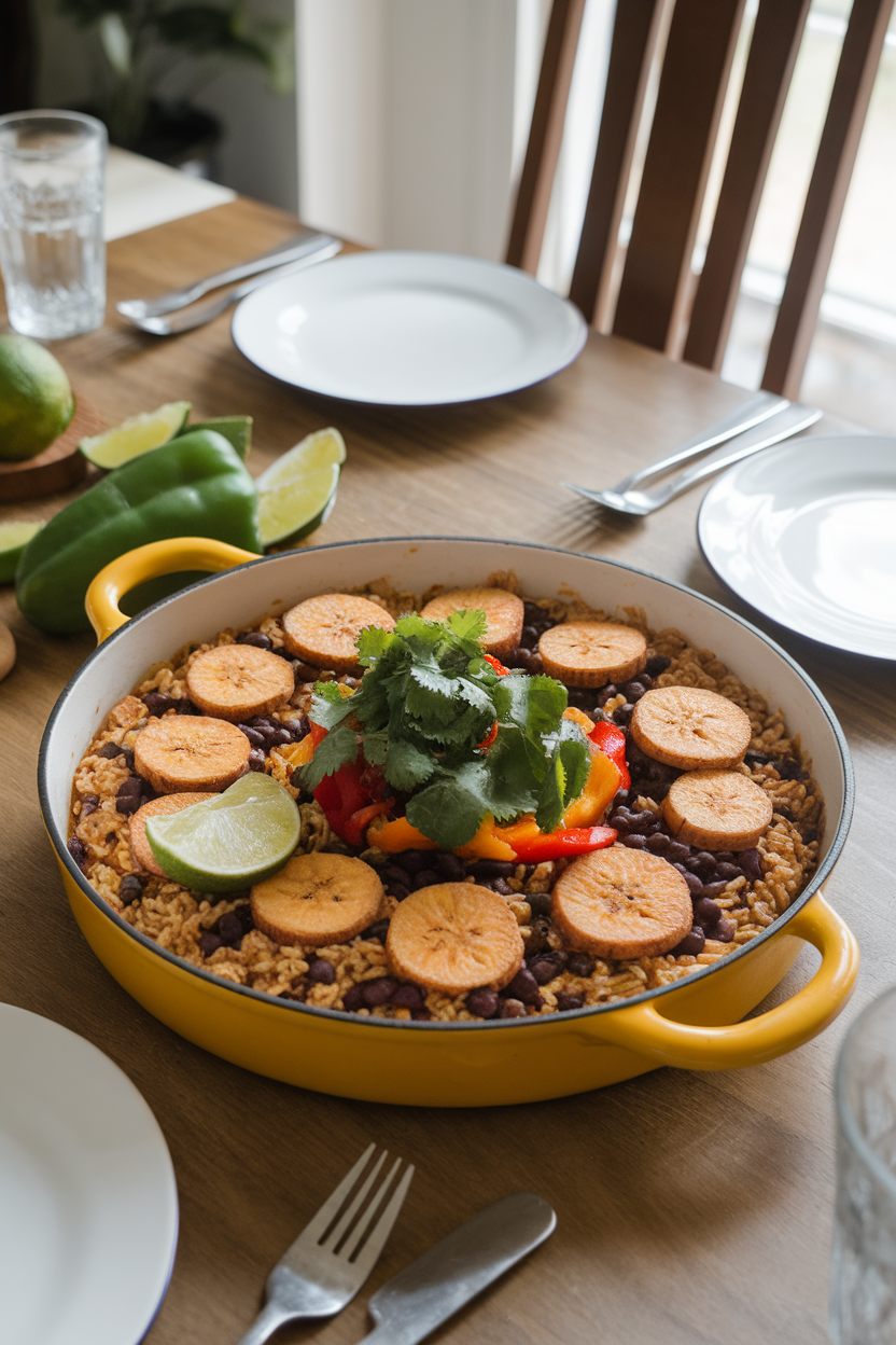 Indoor dining table with a casserole of brown rice, black beans, sweet plantain slices, and bell peppers, garnished with cilantro and lime. No text or brand markings.