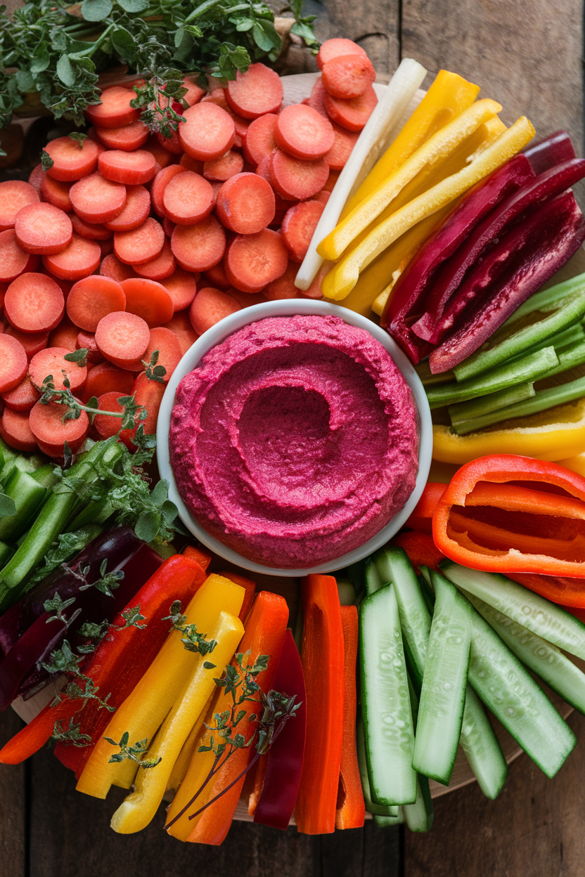 Indoor photo of a board overflowing with colorful raw vegetables—carrot coins, bell pepper strips, cucumber spears—and a bright beet hummus dip; no logos