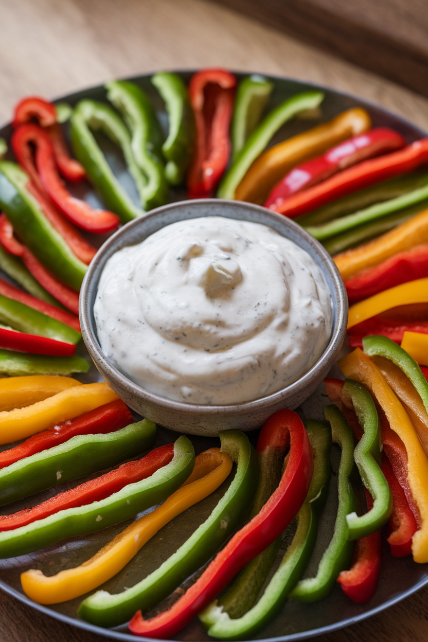 Photo of an indoor bowl of creamy yogurt ranch dip surrounded by colorful bell pepper strips on a serving tray, no branding in frame.