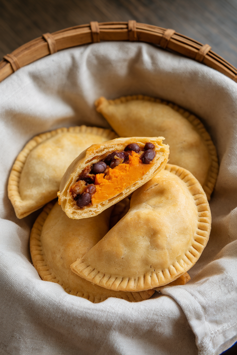An indoor basket lined with linen holding half-moon empanadas, one broken open to show black bean and orange sweet potato filling. No text or logos visible.