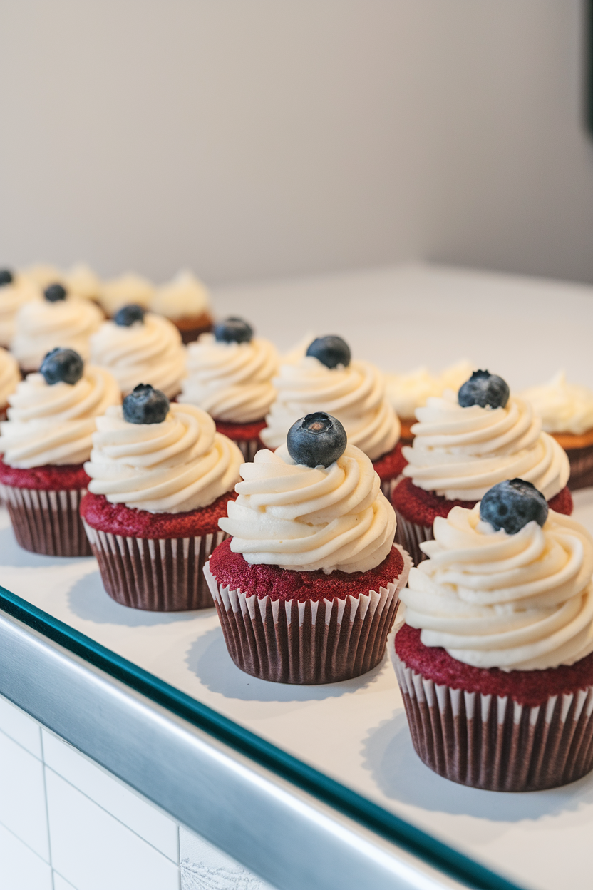 Indoor bakery counter displaying red velvet cupcakes topped with swirls of cream cheese frosting and a single blueberry. No text or logos.