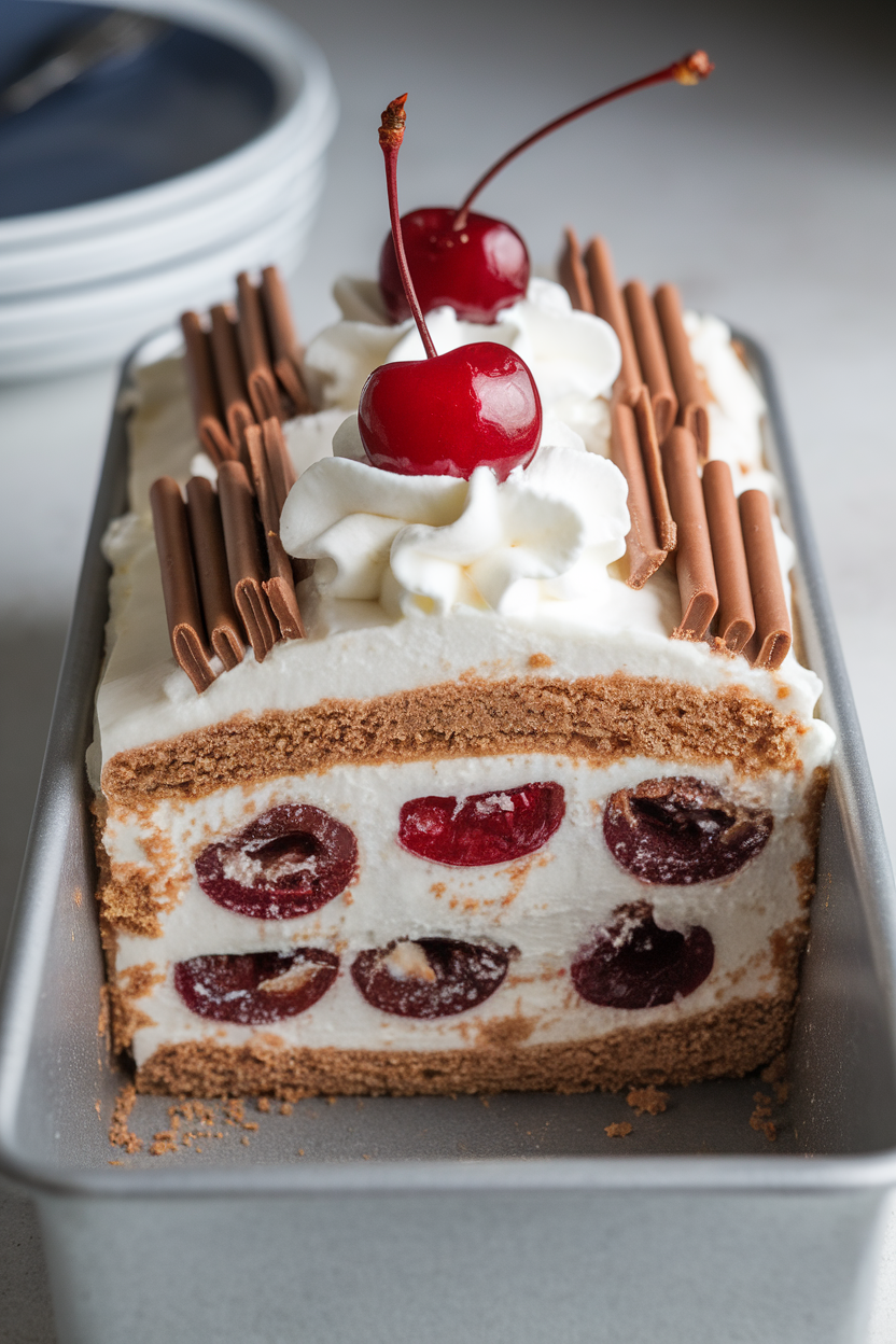 Indoor loaf pan slice of layered icebox cake showing whipped cream, chocolate wafers, and cherries; no logos. Photo, not illustration.