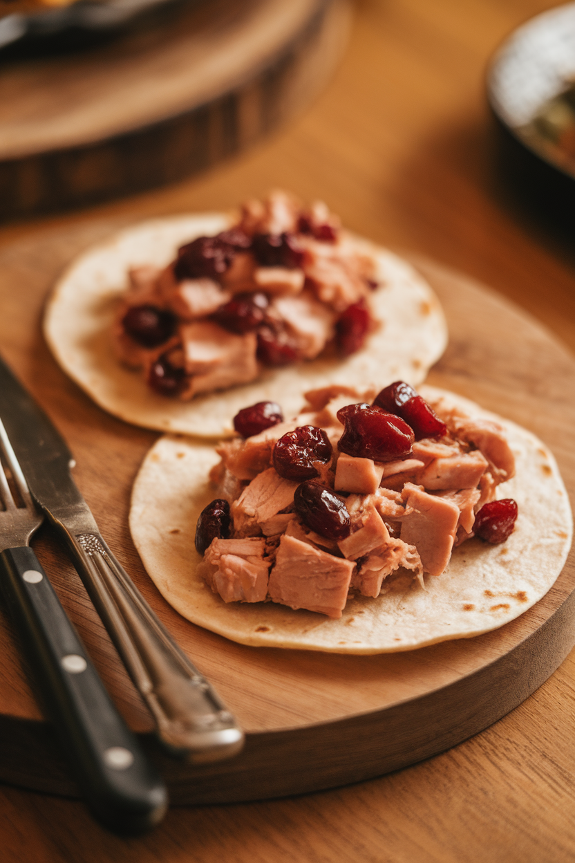 Photo of tortillas packed with diced smoked turkey and whole cranberries, topped with mild red chile sauce, shot indoors, no logos.