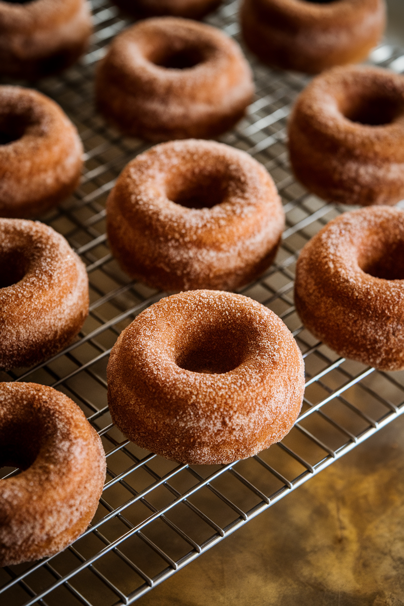 Indoor image of cinnamon-sugar coated baked apple cider doughnuts arranged on a wire cooling rack, no text or logos.