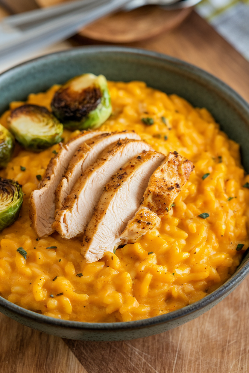 Indoor photo of pumpkin risotto with chicken strips folded in, plus roasted Brussels sprouts on a bowl. No text or logos.