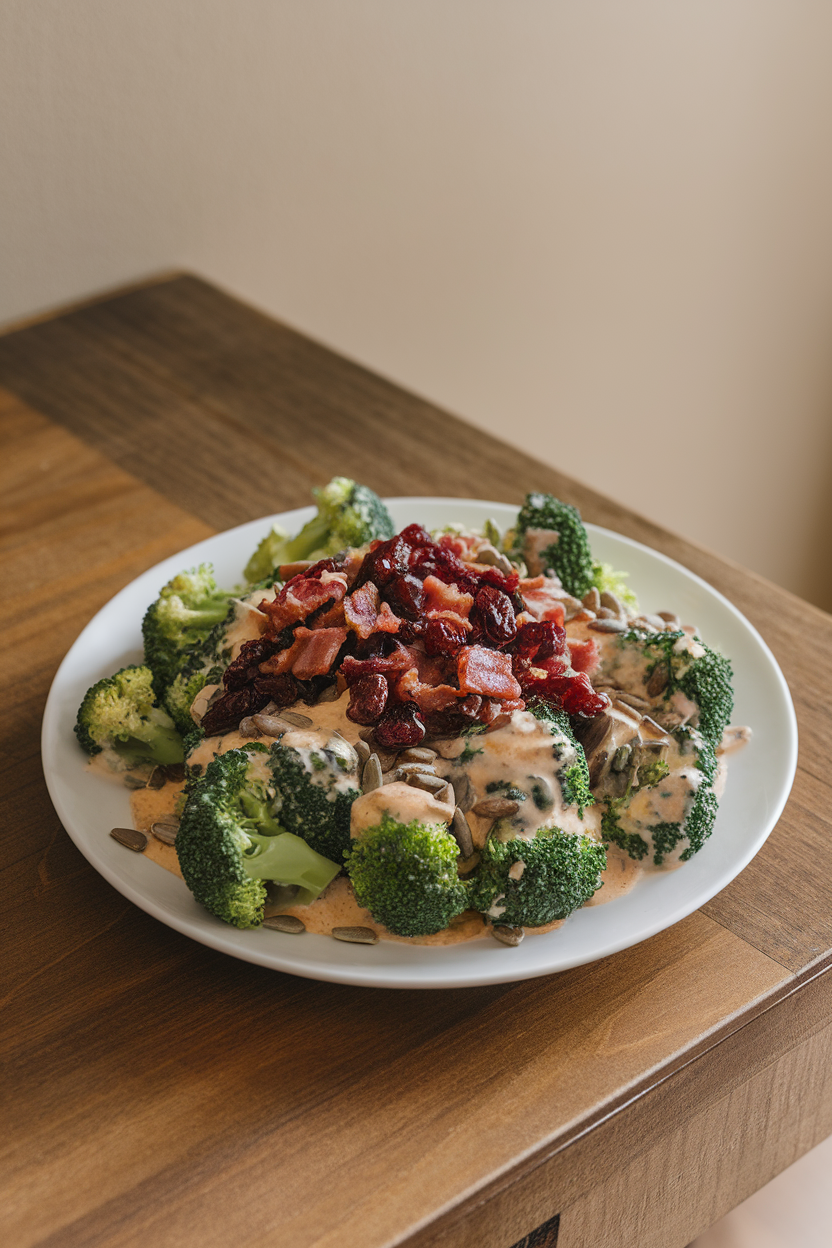 Photo of an indoor dining table featuring chopped broccoli florets, dried cranberries, crispy cooked bacon bits, and sunflower seeds dressed lightly in a creamy sauce. No text or logos.