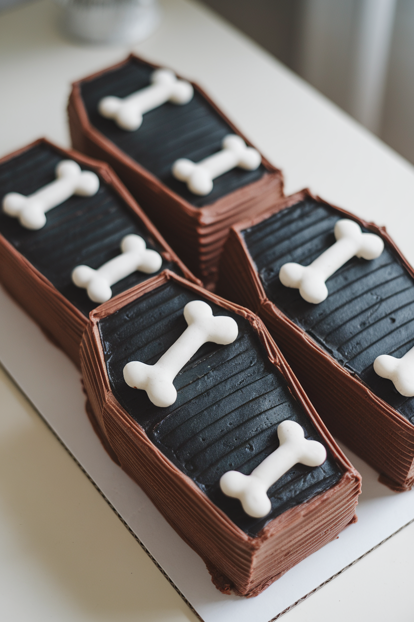 Indoor shot of rectangular chocolate cake slices shaped like coffins with black frosting and white candy bone accents, no text or logos.