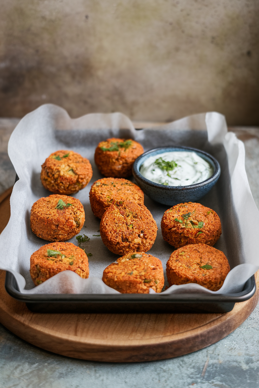Indoor tray lined with parchment holding golden baked falafel rounds, small bowl of tzatziki nearby, no text or logos