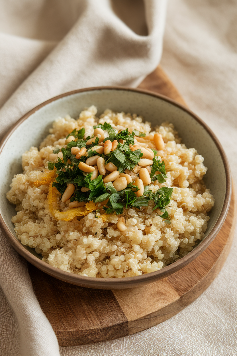 An indoor tabletop scene showing a shallow bowl of fluffy quinoa topped with chopped parsley, toasted pine nuts, and lemon zest; soft natural lighting, no text or logos.