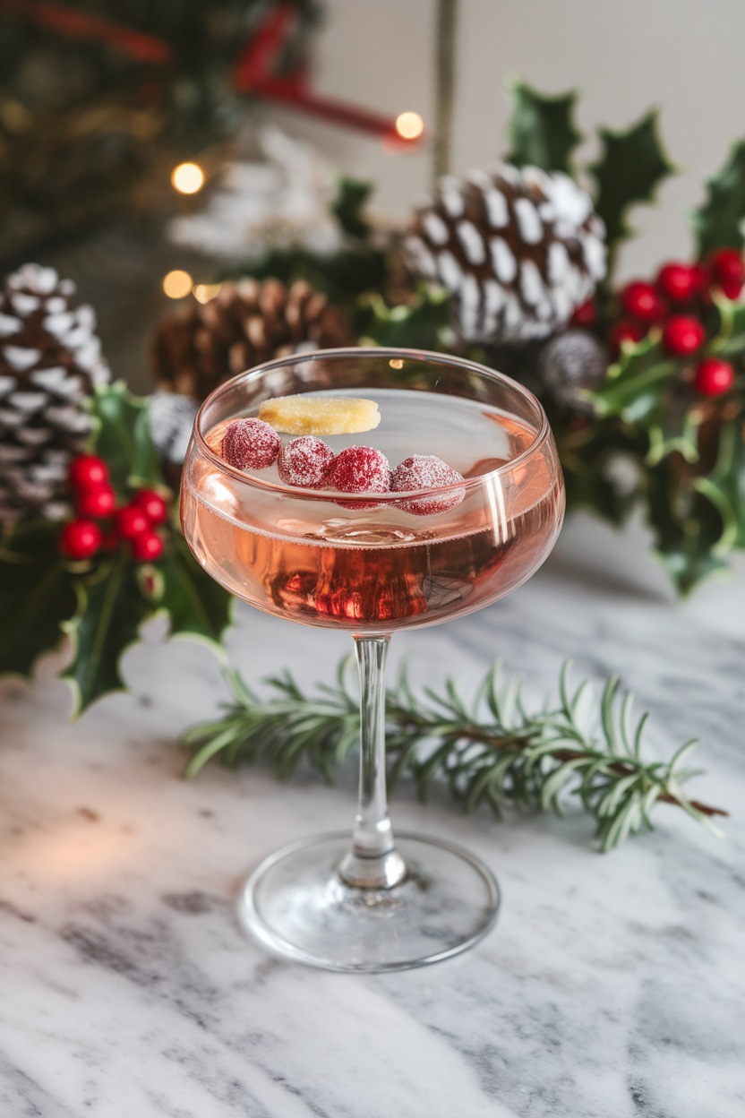 An indoor holiday bar featuring a coupe of blush Champagne with floating sugared cranberries and a tiny ginger slice. Photo, not illustration. No text or logos.