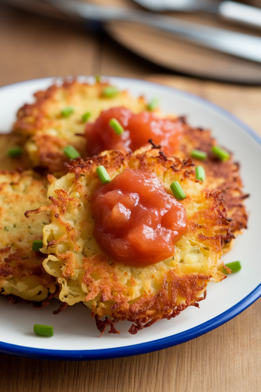An indoor plate of mini potato latkes topped with a dab of applesauce and chives, no logos.