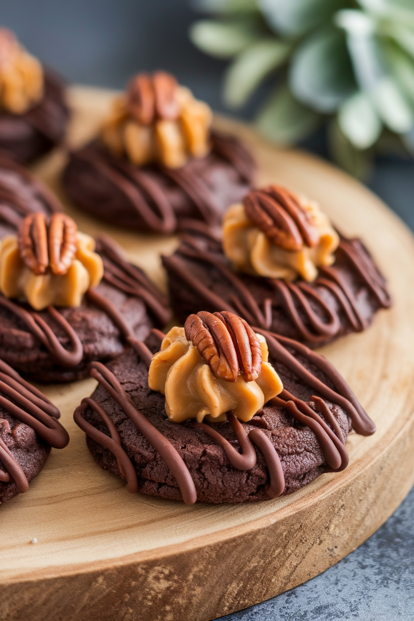 Indoor close-up showing chocolate cookies topped with caramel dollops and pecan halves, chocolate drizzle overhead. Photo, no text or logos.