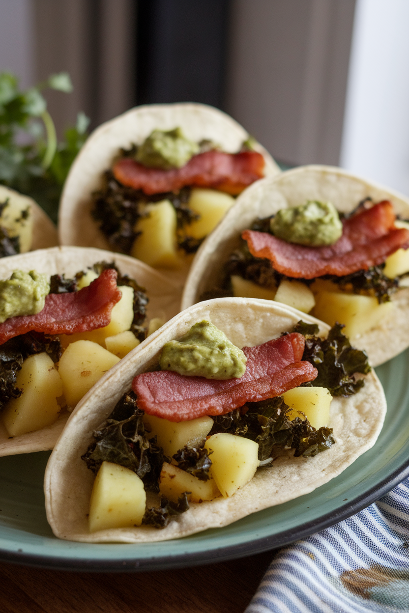 Photo of diced golden potatoes, wilted kale, and lean turkey bacon inside tortillas, topped with salsa verde, indoor setting, no text or logos.