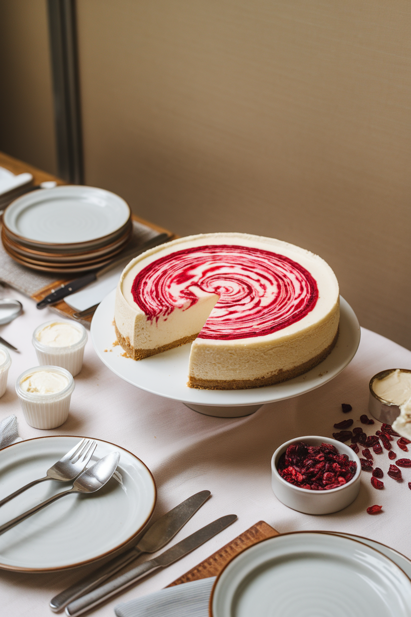 An indoor dessert table displaying a creamy white vegan cheesecake with bright cranberry swirl on top, one slice removed. This should be a photo, not an illustration. No text or logos anywhere in the scene.