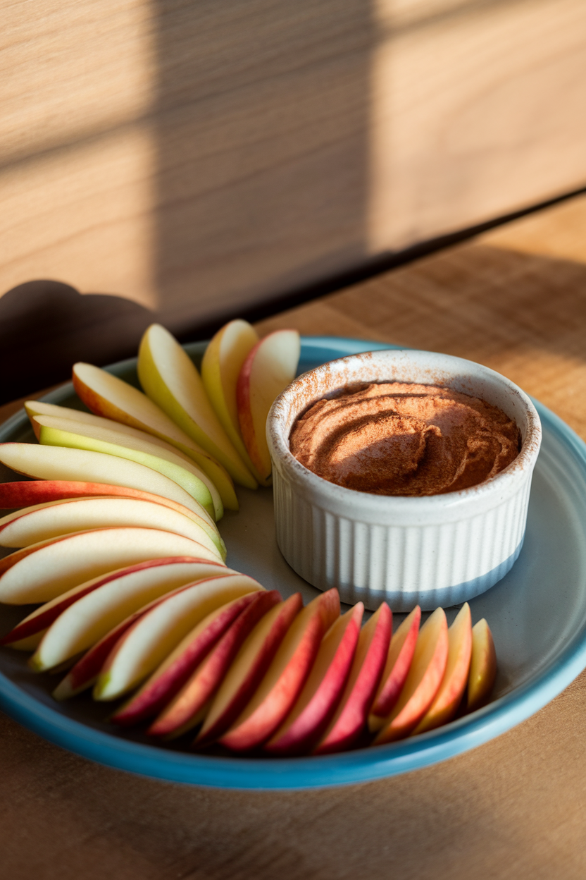 An indoor photo of a plate holding fanned apple slices beside a ramekin of cinnamon-dusted almond butter. No text or logos.