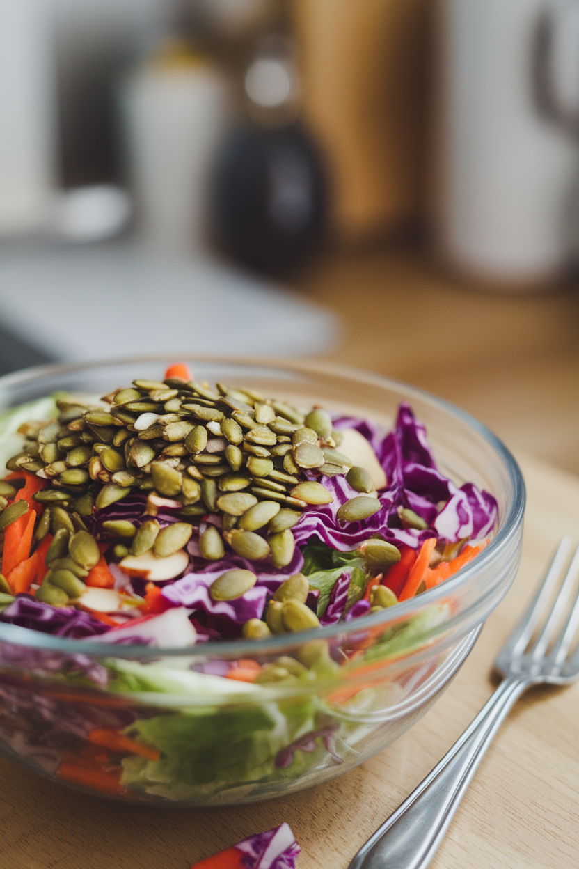Indoor salad bowl topped with toasted pumpkin seeds and almonds—photo.