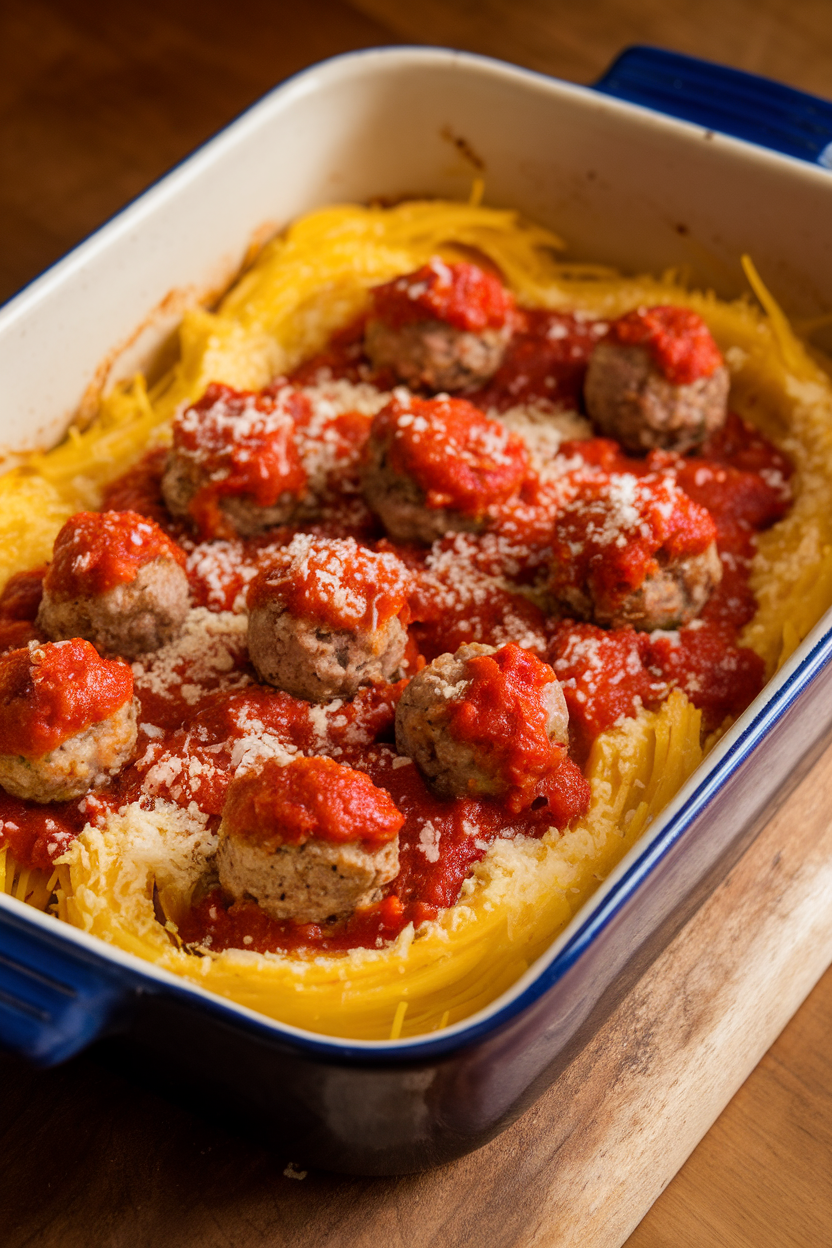 Photo of a ceramic baking dish with spaghetti squash strands, mini turkey meatballs, and chunky marinara sauce, lightly browned cheese optional. Warm indoor lighting, no text or logos.