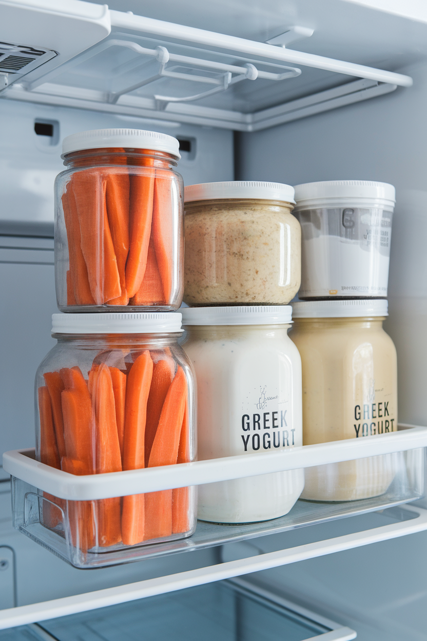 Photo prompt: An indoor refrigerator door shelf organized with clear jars of carrot sticks, hummus, and Greek yogurt, no text or brands visible.
