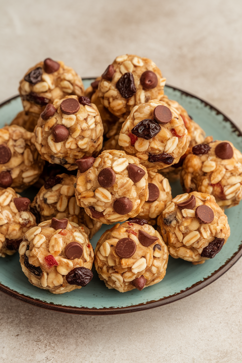 An indoor plate piled with round oat-nut energy bites dotted with chocolate chips and dried fruit; neutral background, no text or logos, photo not illustration.