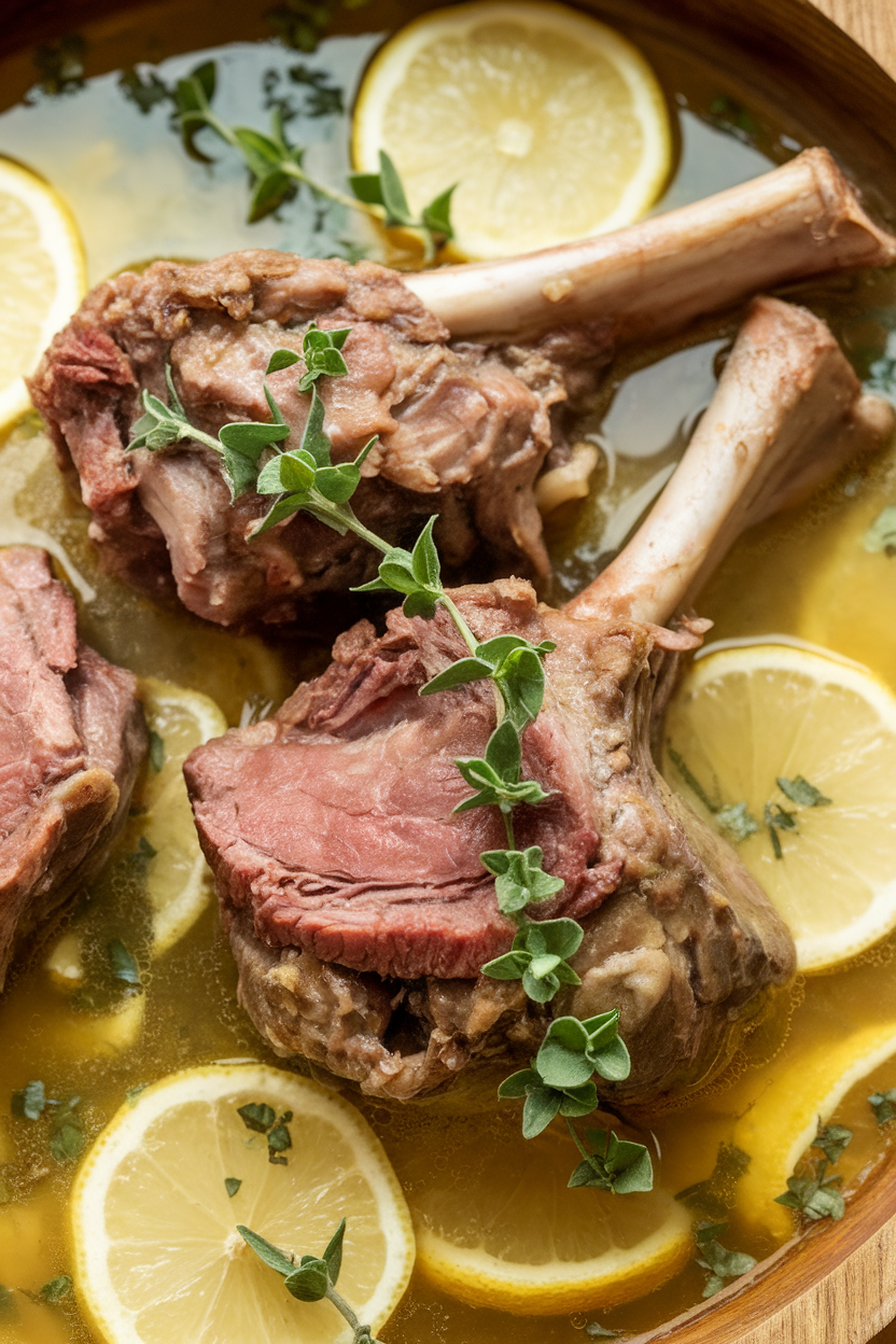 Indoor photo of slow-cooked lamb shanks in light lemon broth with oregano sprigs, no text or logos.