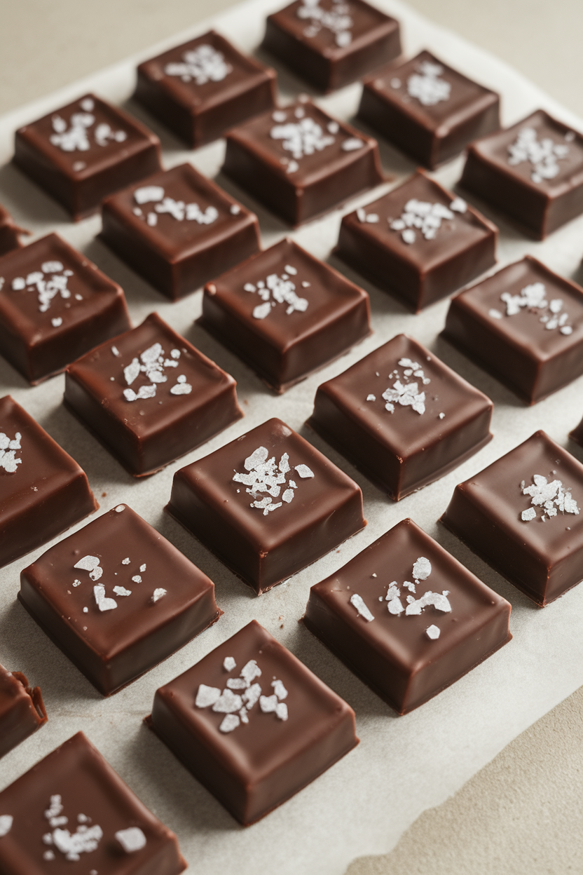Small squares of glossy dark chocolate-coated caramels sprinkled lightly with flaky sea salt, arranged indoors on wax paper. No logos or text.