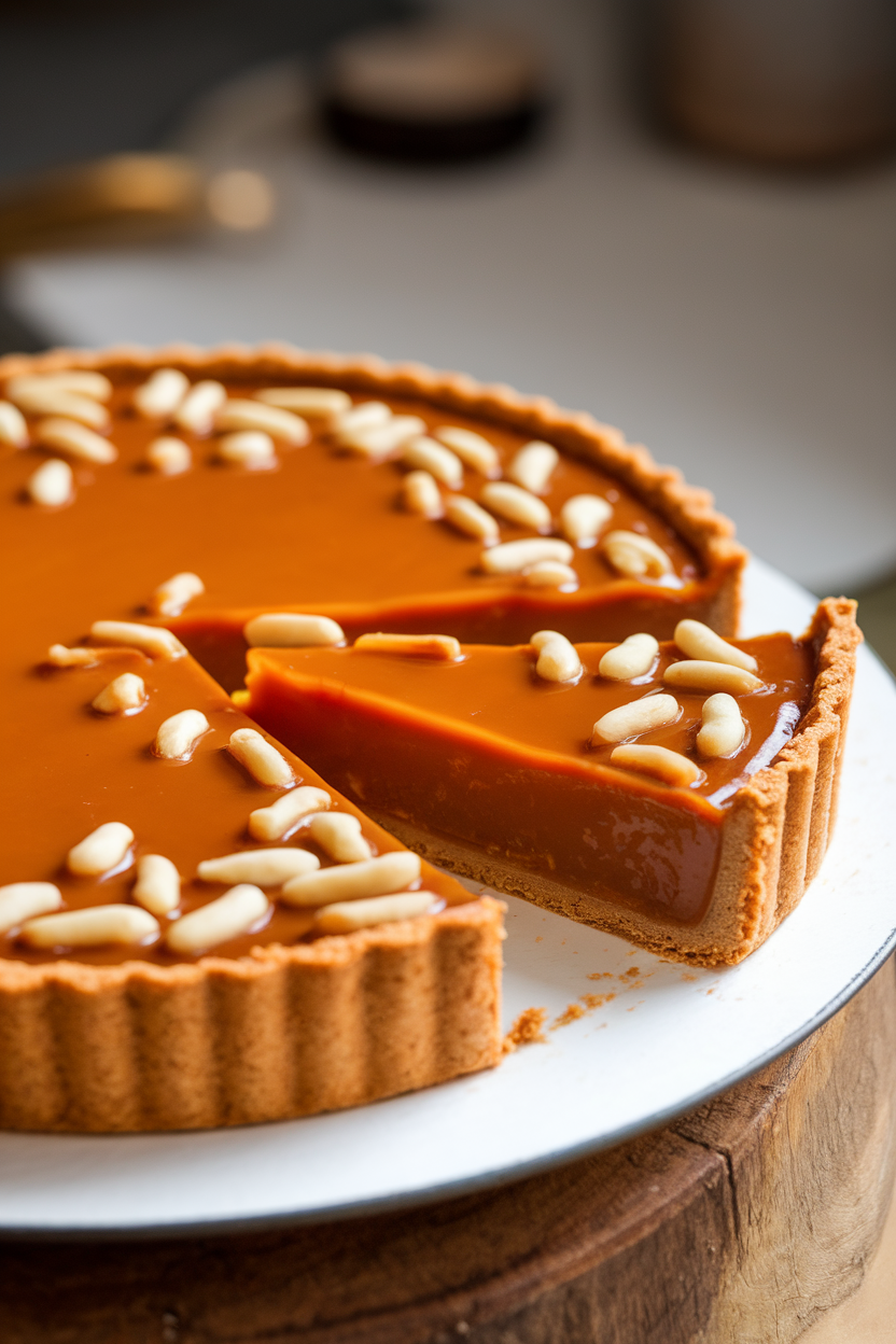Indoor photo of tart with glossy caramel layer studded with pine nuts, slice removed to show thick filling, no text or logos